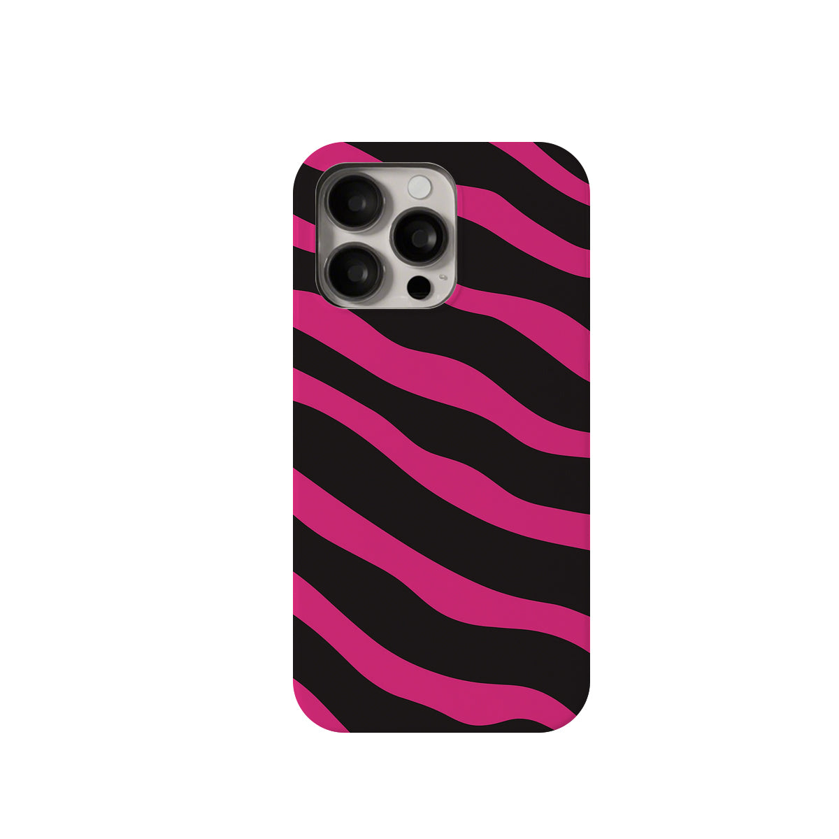 Phone case with black and pink zebra pattern on a white background