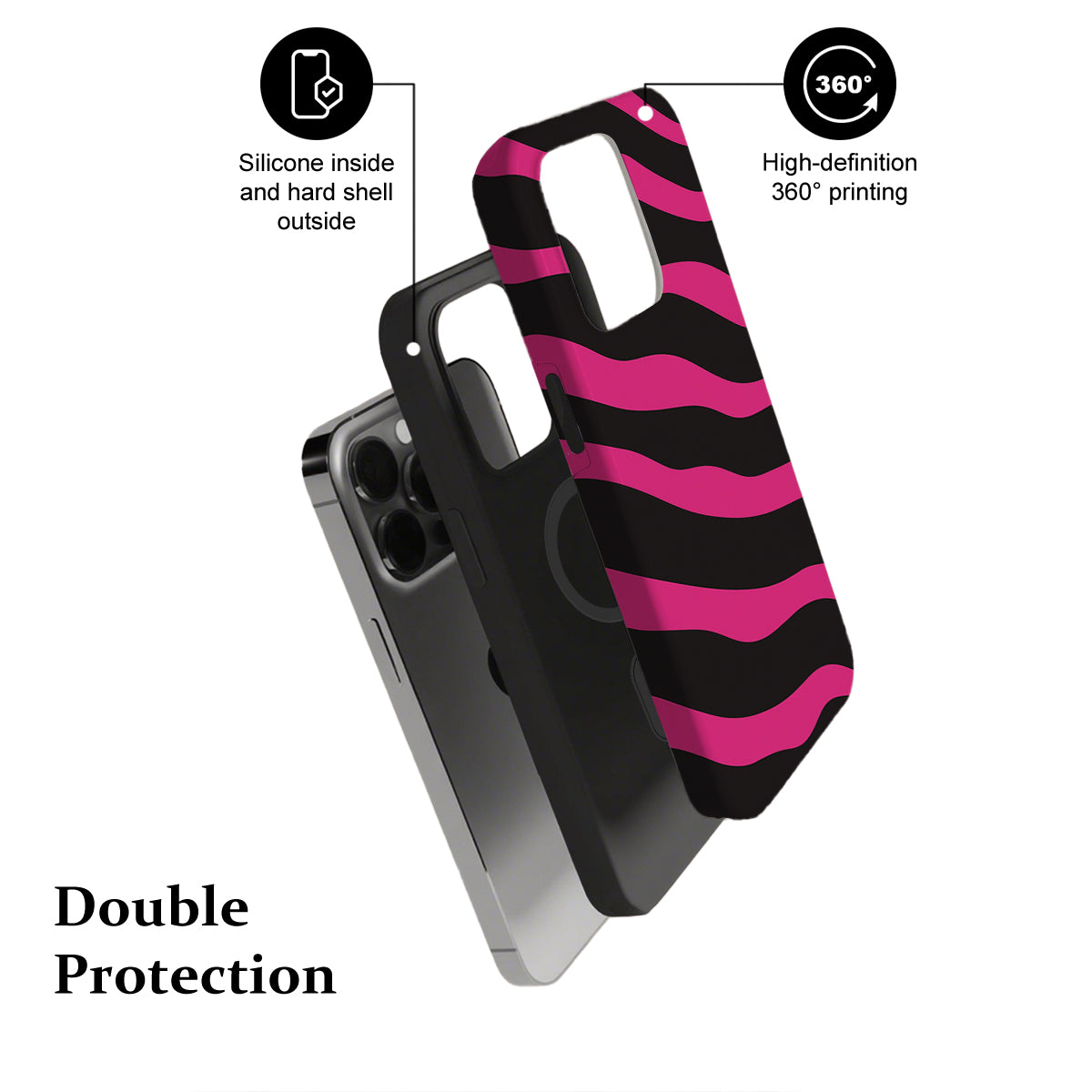 Phone case with pink and black striped design on a white background