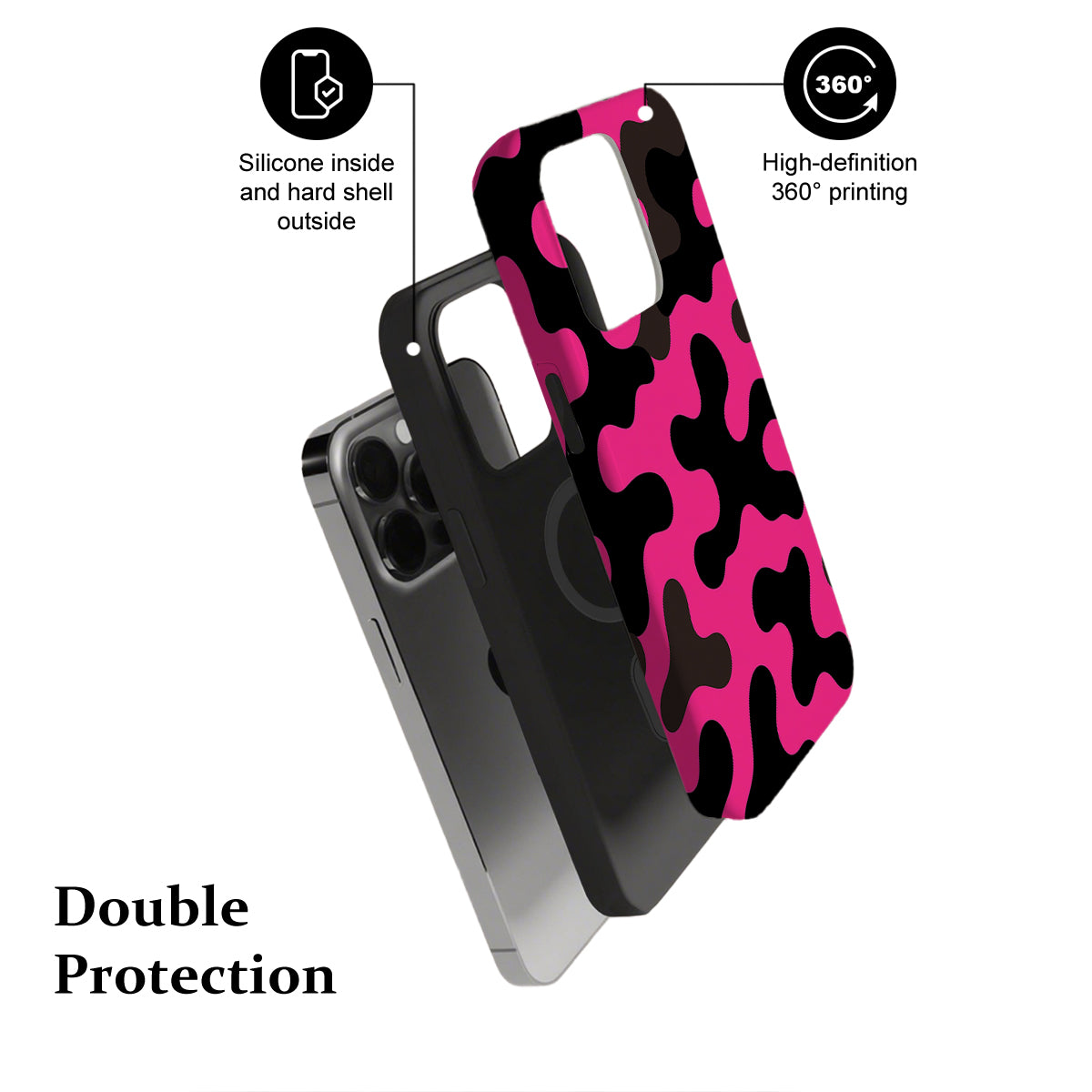 Phone case with pink and black camouflage pattern on a white background