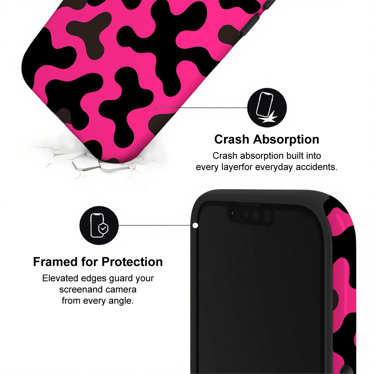 Phone case with pink and black camouflage pattern and text about crash absorption and protection.