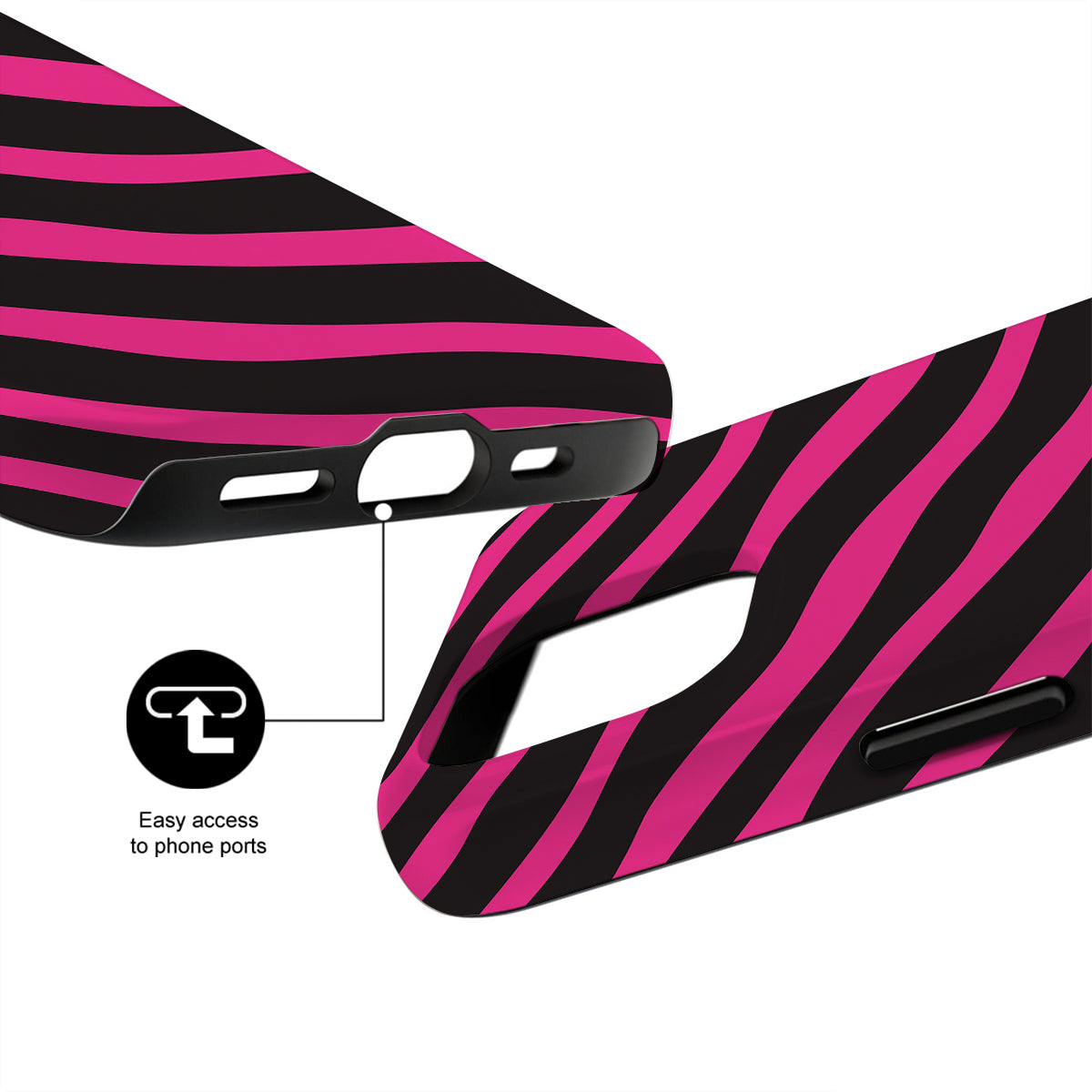 Black and pink striped phone case with port accessibility feature on a white background