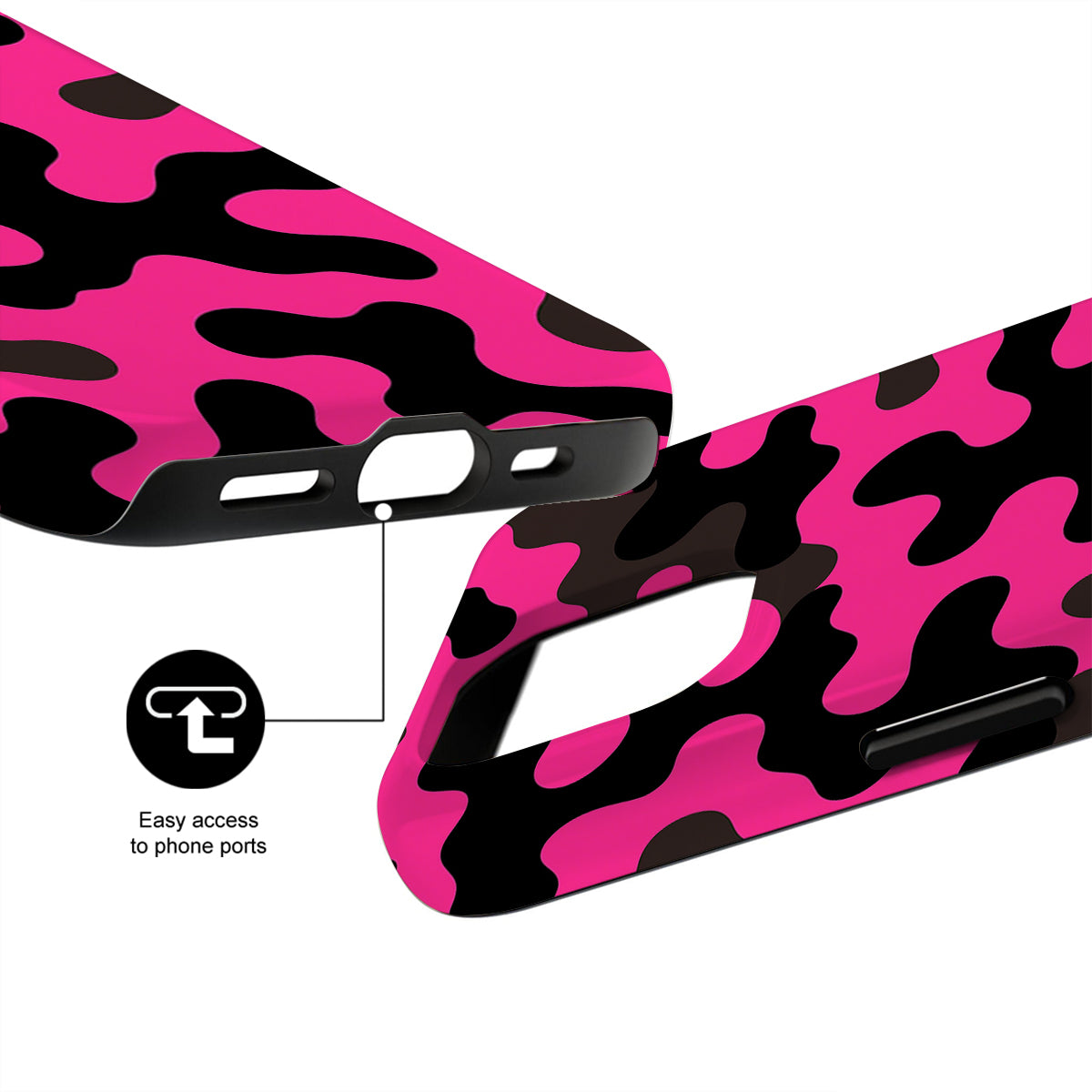 Pink and black camouflage phone case with easy access to phone ports on a white background