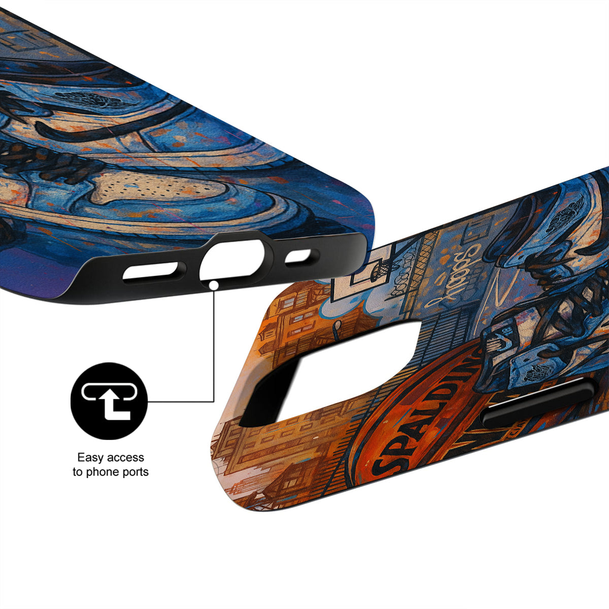 Colorful phone case with detailed design and text, showing ease of access to phone ports.