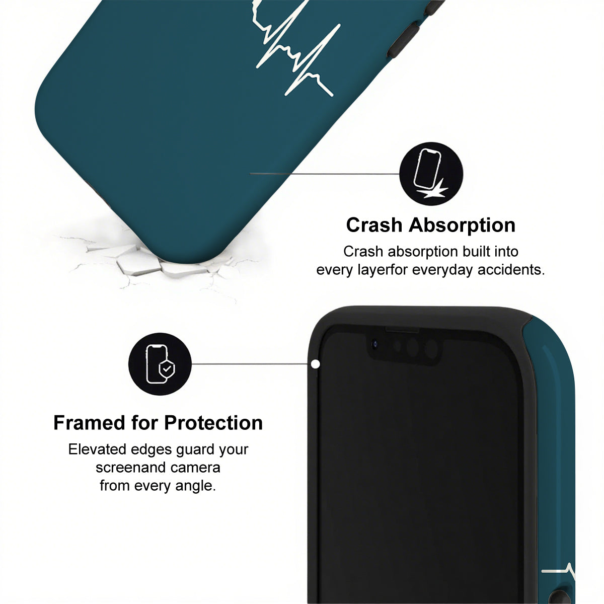 Phone case with crash absorption and framed protection features on a white background