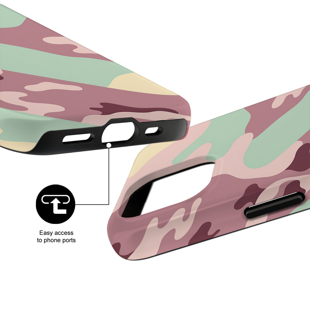 Camouflage phone case with easy access to phone ports feature on a white background