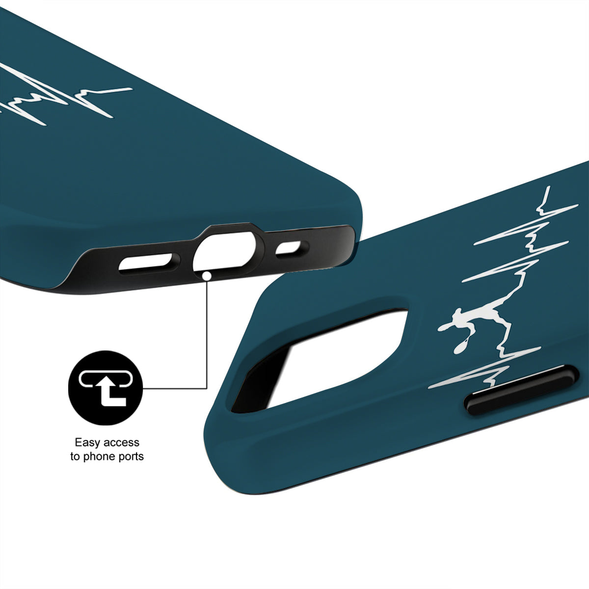 Blue phone case with design and text on a white background