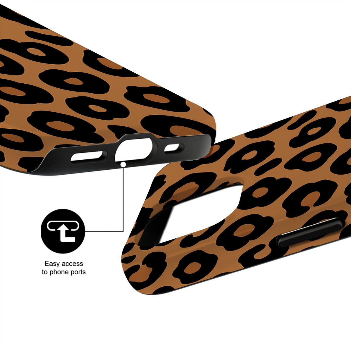 Leopard print phone case with ports easily accessible feature on a white background