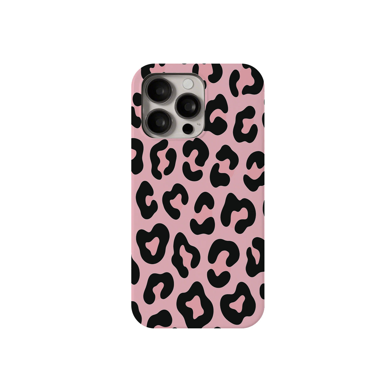 Phone case with pink background and black leopard print pattern on a white background
