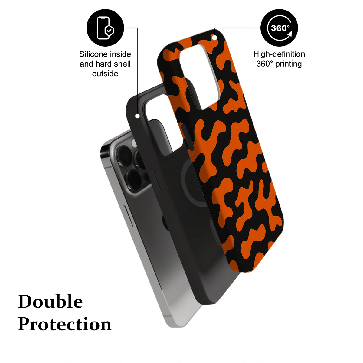 Phone case with orange and black pattern, highlighting features on a white background