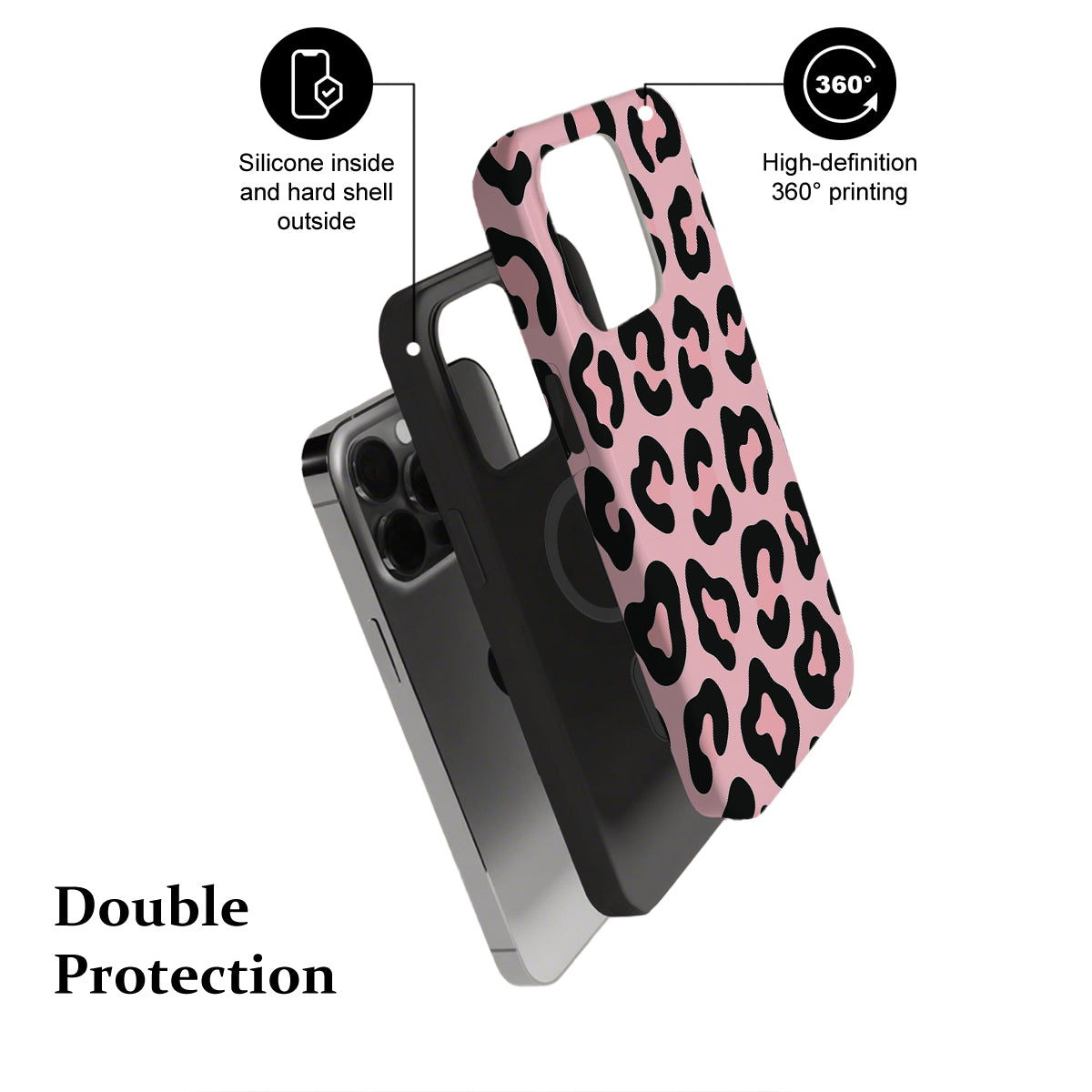 Phone case with pink leopard print design on a white background