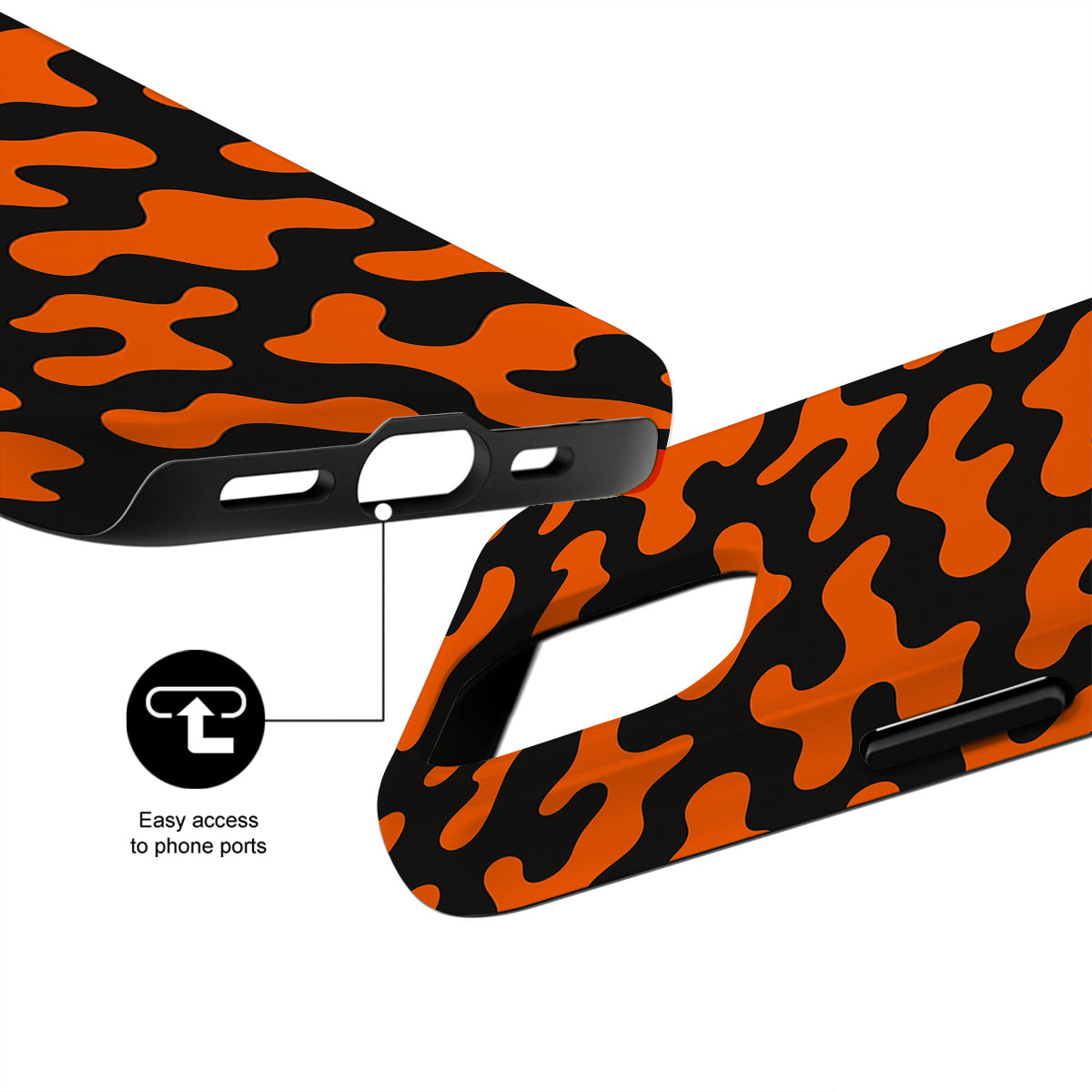 Orange and black camouflage phone case with easy access to phone ports feature.