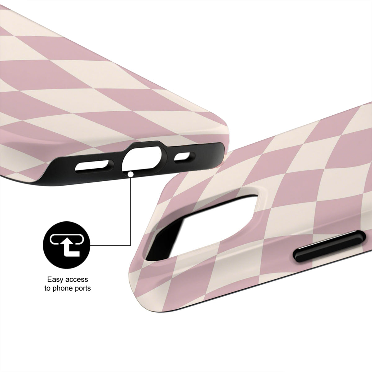 Pink and white checkered phone case with clear back and black accents