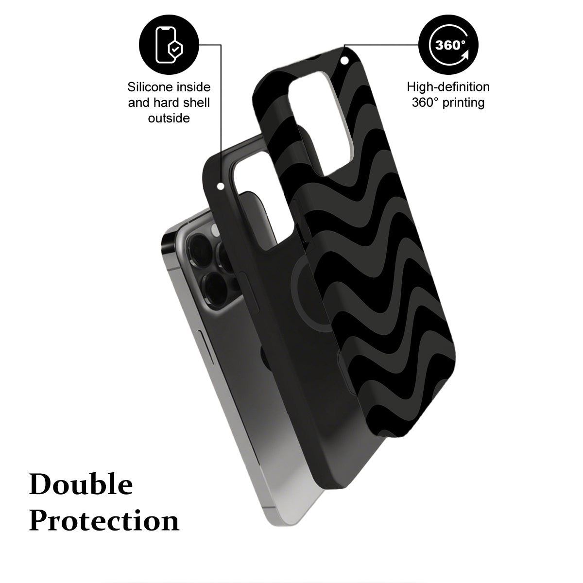 Phone case with black wavy pattern, labeled 'Double Protection' on a white background