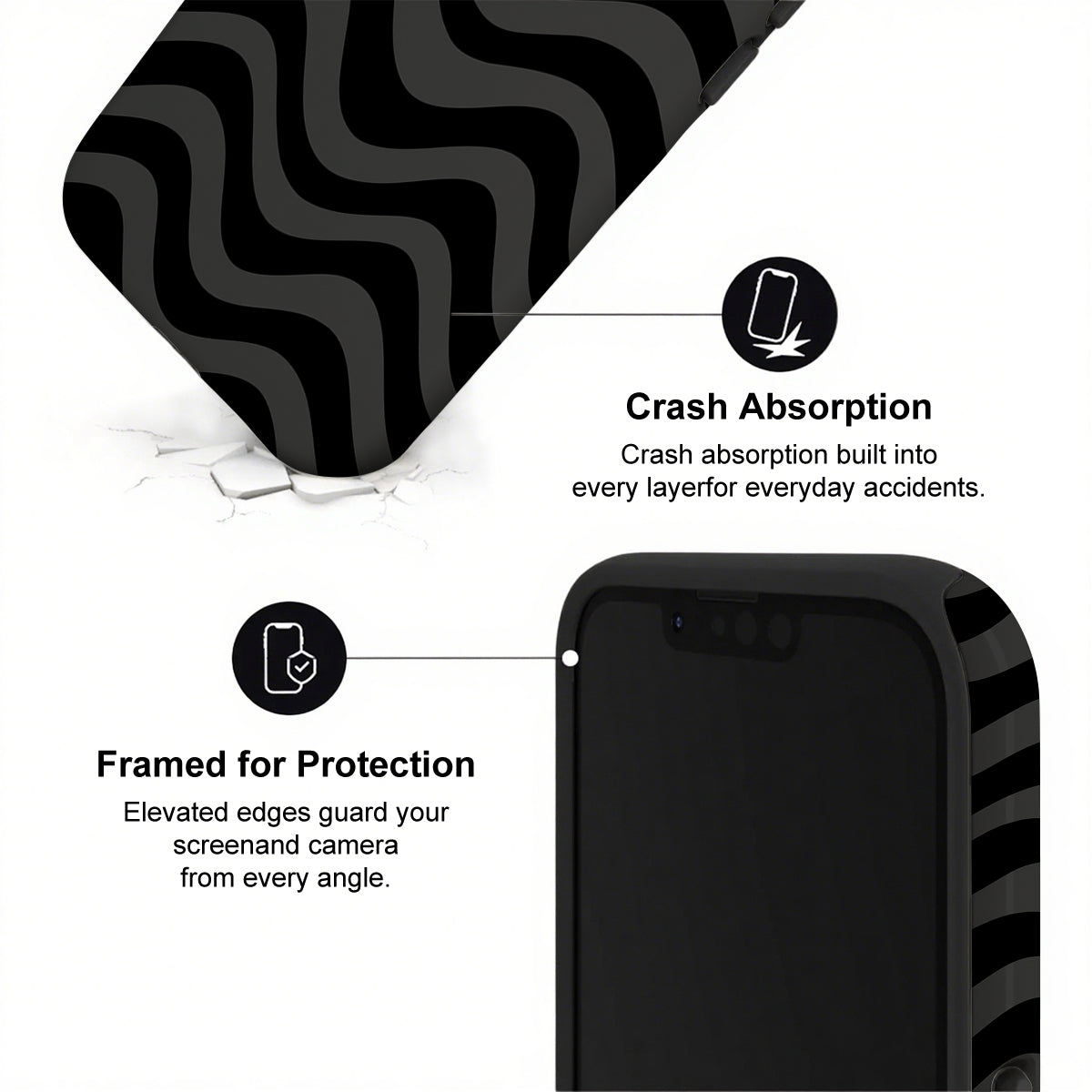 Black phone case with wavy pattern and text highlighting crash absorption and protection features.