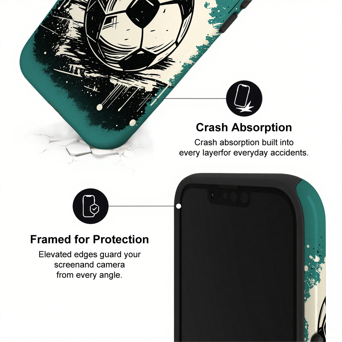 Phone case with soccer ball design and text about crash absorption and protection.