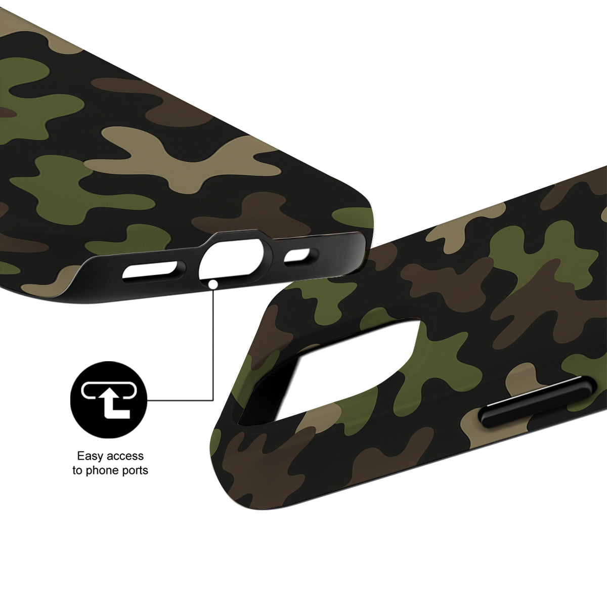 Camouflage phone case with easy access to phone ports feature on a white background