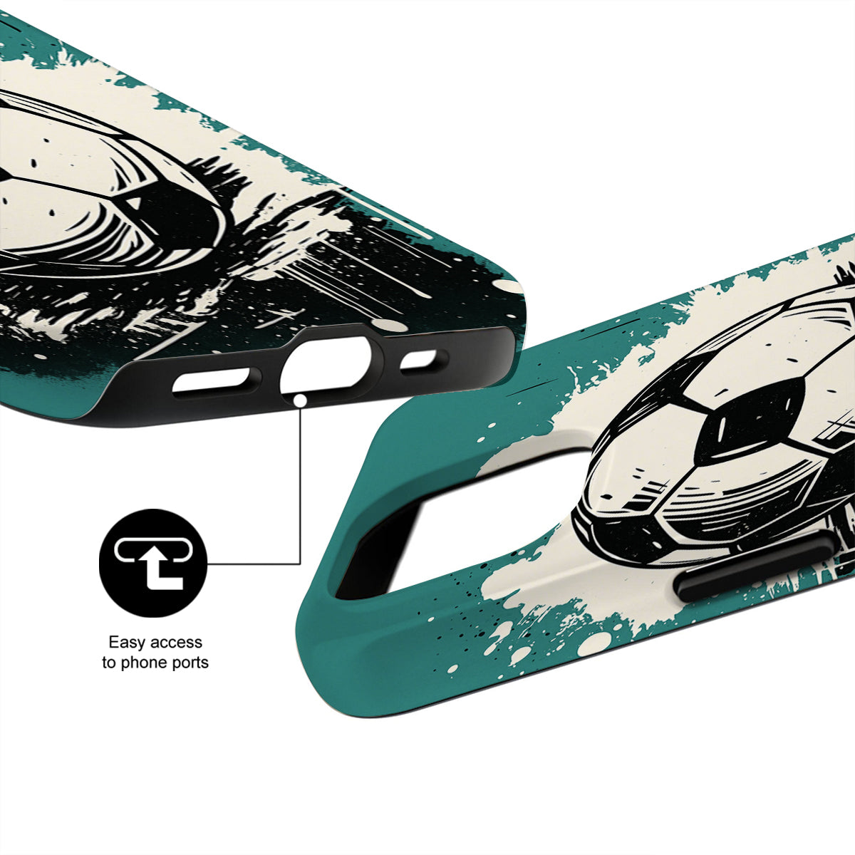 Phone case with soccer ball design and text 'Easy access to phone ports' on a white background