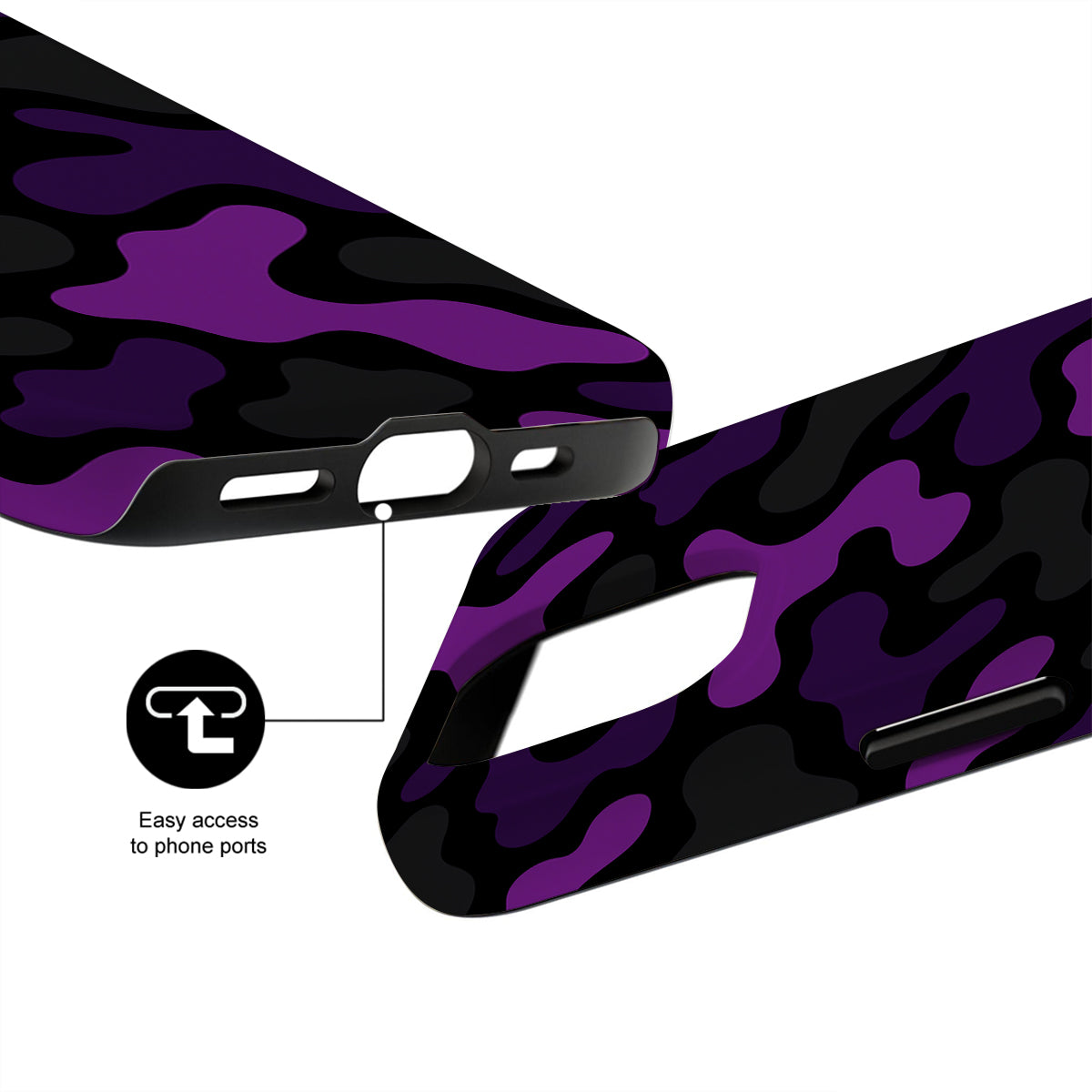 Purple and black camouflage phone case with easy access to phone ports illustration