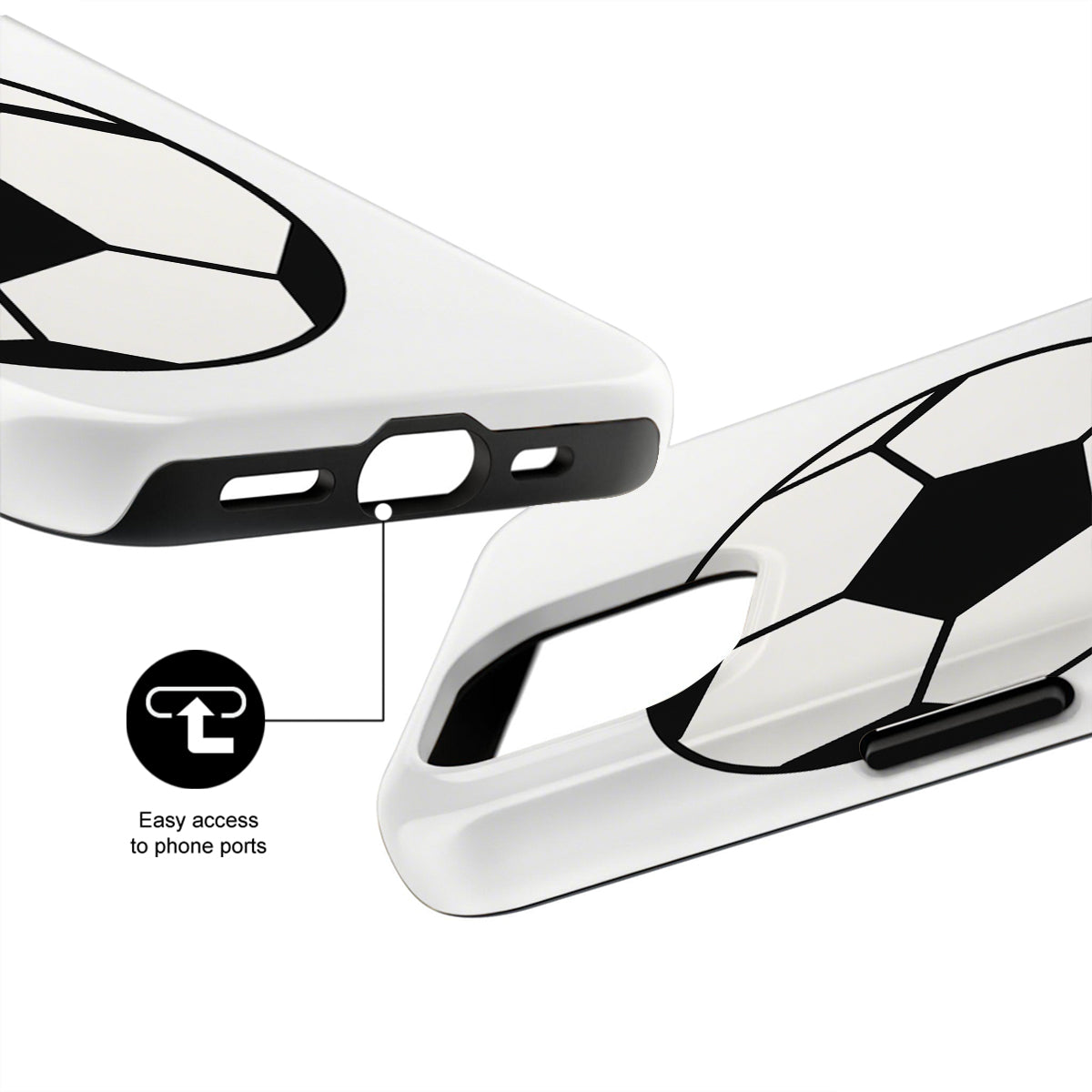 White phone case with black accents and text indicating easy access to phone ports on a white background.