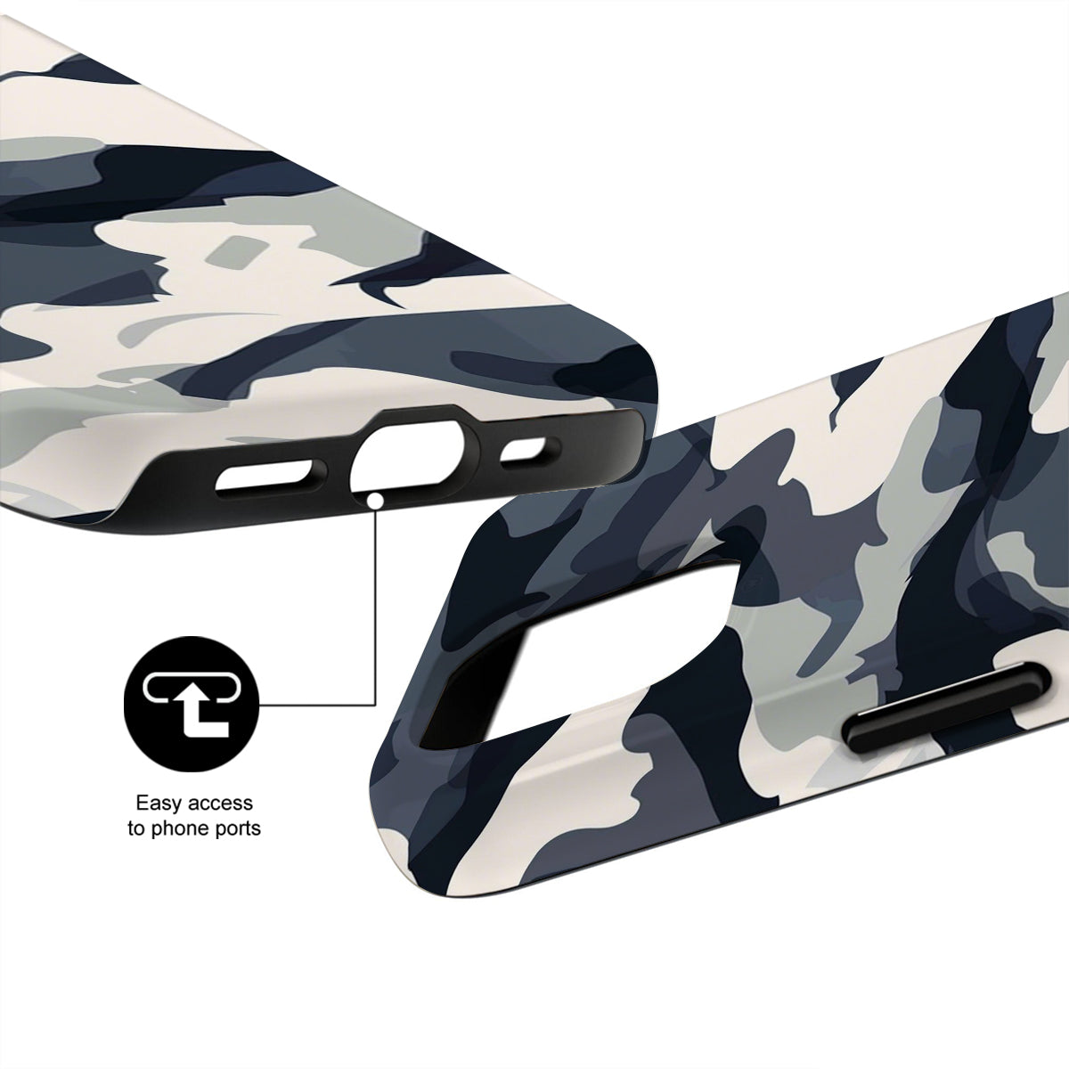 Camouflage phone case with easy access to phone ports feature on a white background