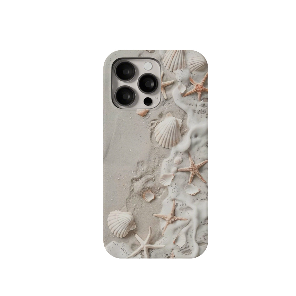 Phone case with beach design featuring shells and starfish on a white background