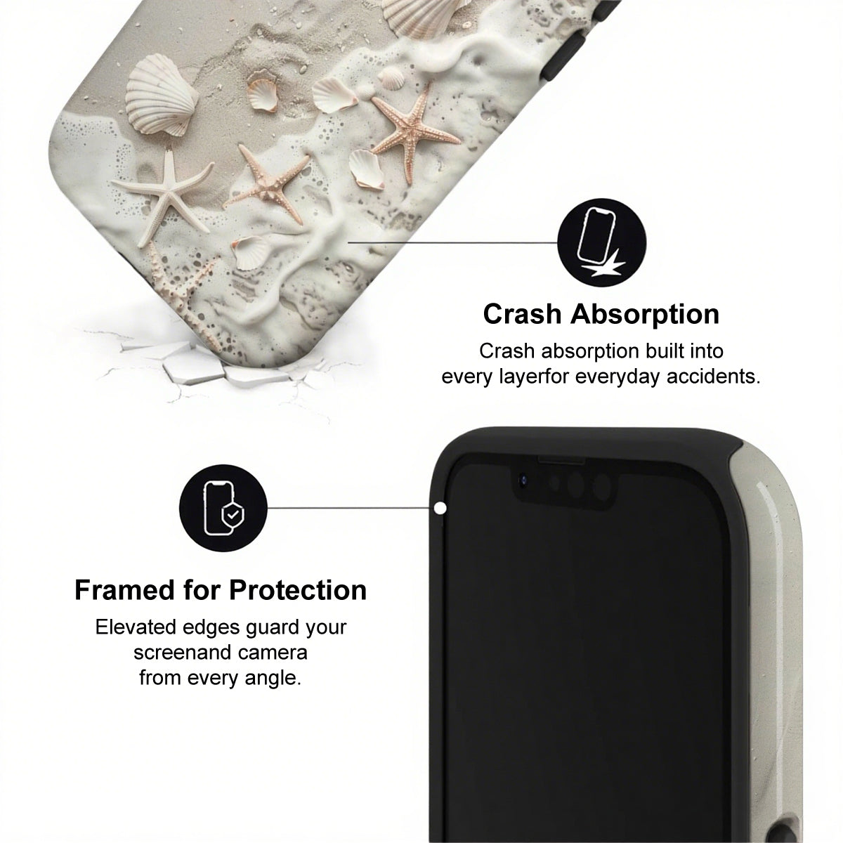Phone case with text highlighting crash absorption and protection features, set against a beach-themed background.