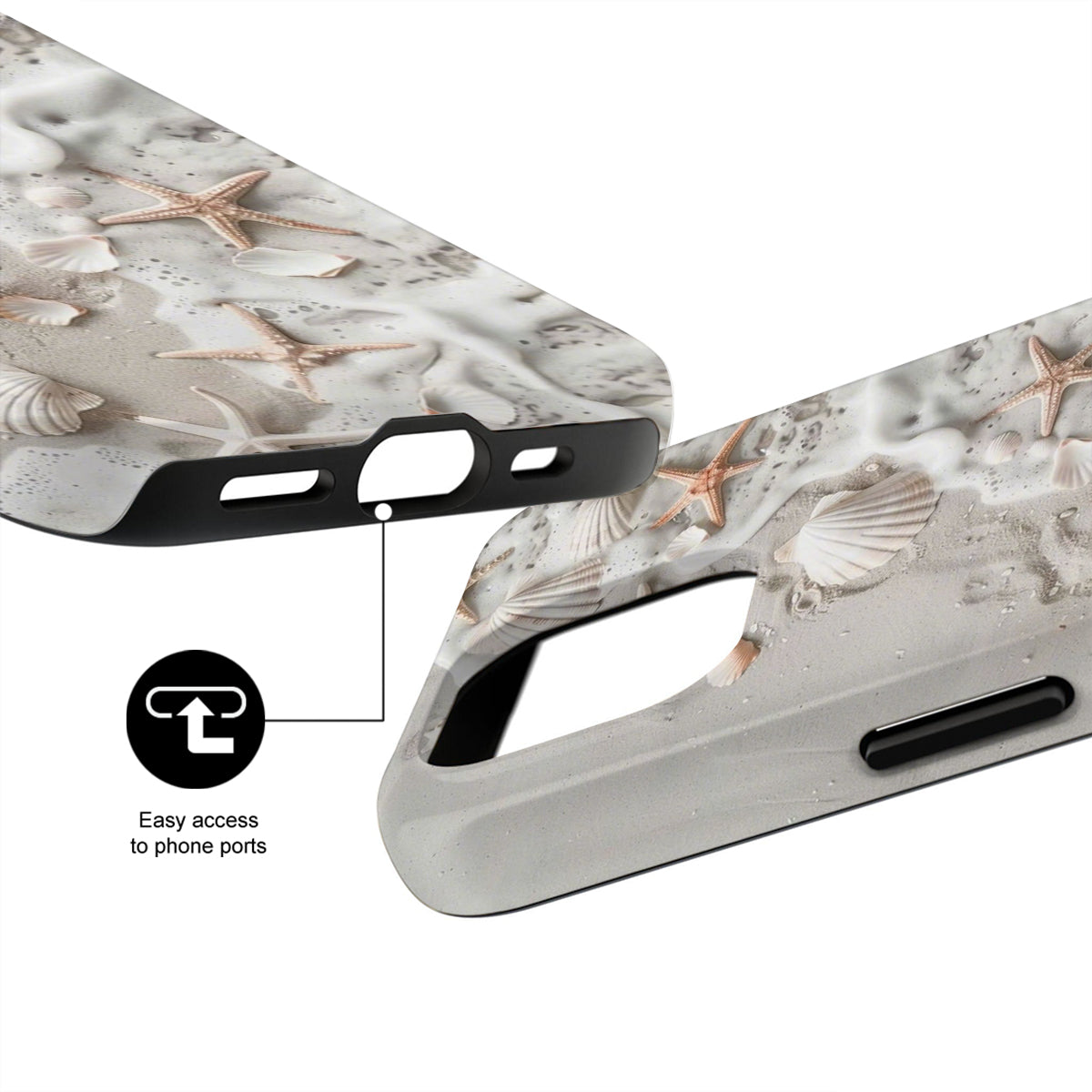 Phone case with shell design and marble texture, showing ease of access to phone ports.