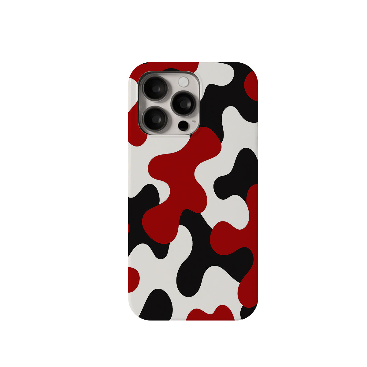 Phone case with red, black, and white abstract pattern on a white background