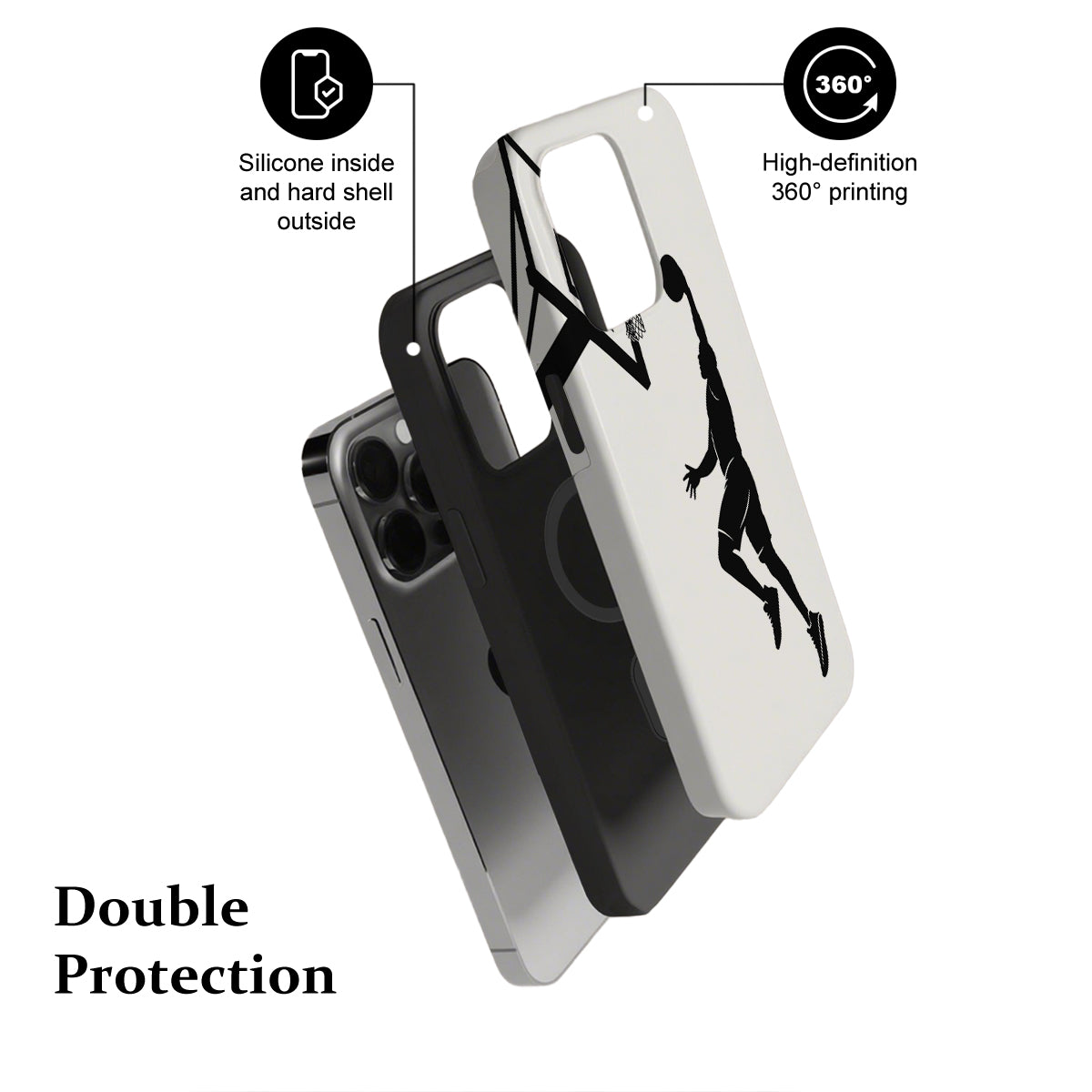 Phone case with silicone inside and hard shell outside, featuring a 360-degree printing design.