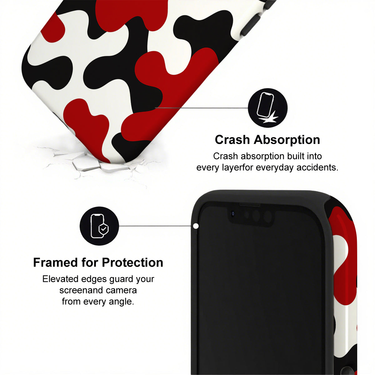Phone case with red, black, and white abstract design on a white background
