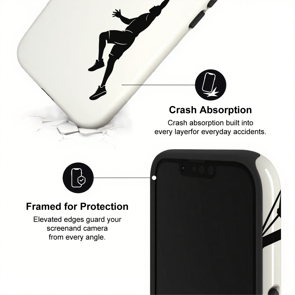 Phone case with crash absorption and protection features on a white background