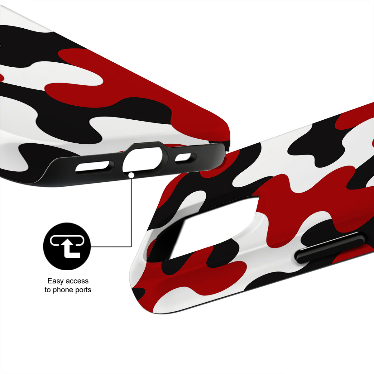 Camouflage phone case with red, black, and white pattern on a white background