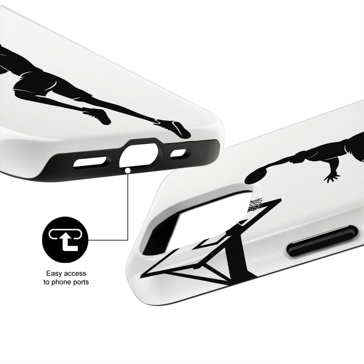 White phone case with black accents and a lizard design, showing ease of access to phone ports.