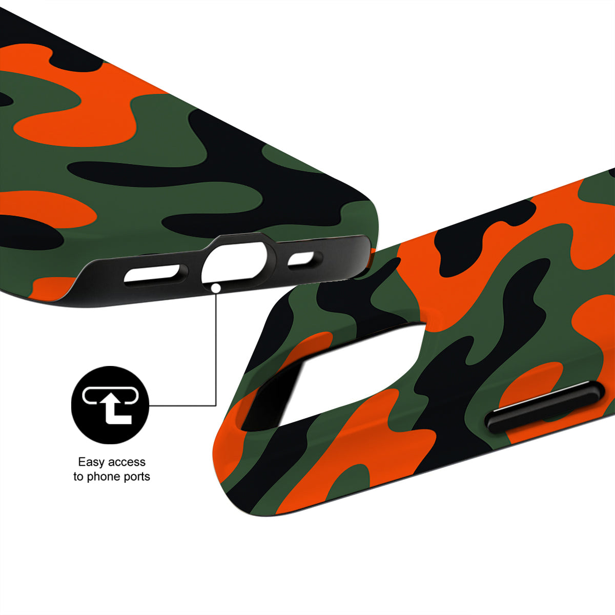 Camouflage phone case with easy access to phone ports on a white background