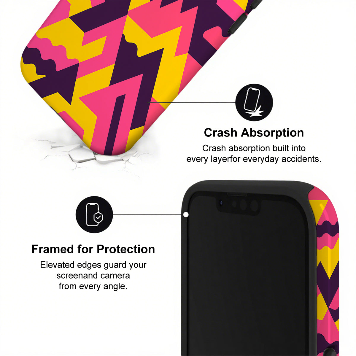 Phone case with colorful geometric design and text highlighting crash absorption and protection.