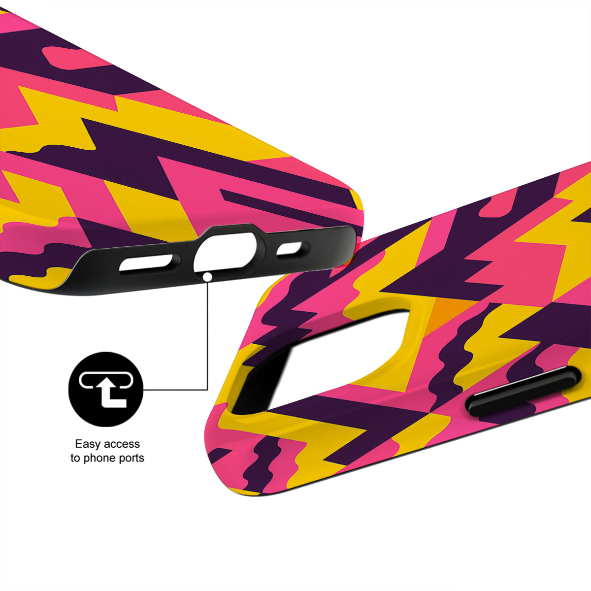 Colorful phone case with geometric pattern on a white background