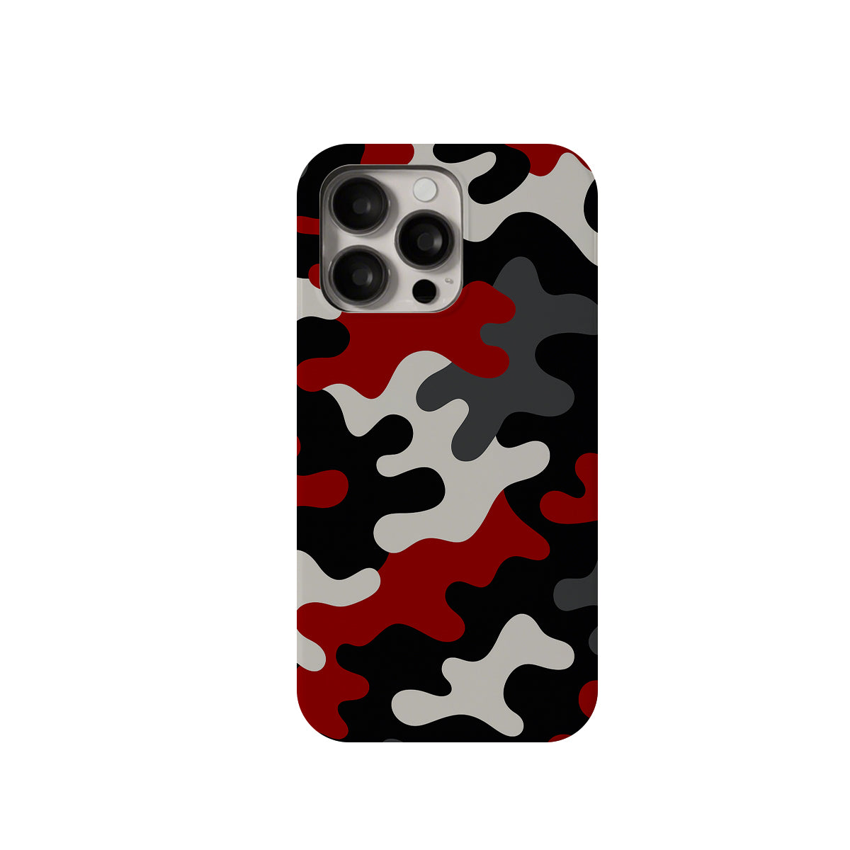 Phone case with red, black, and gray camouflage pattern on a white background