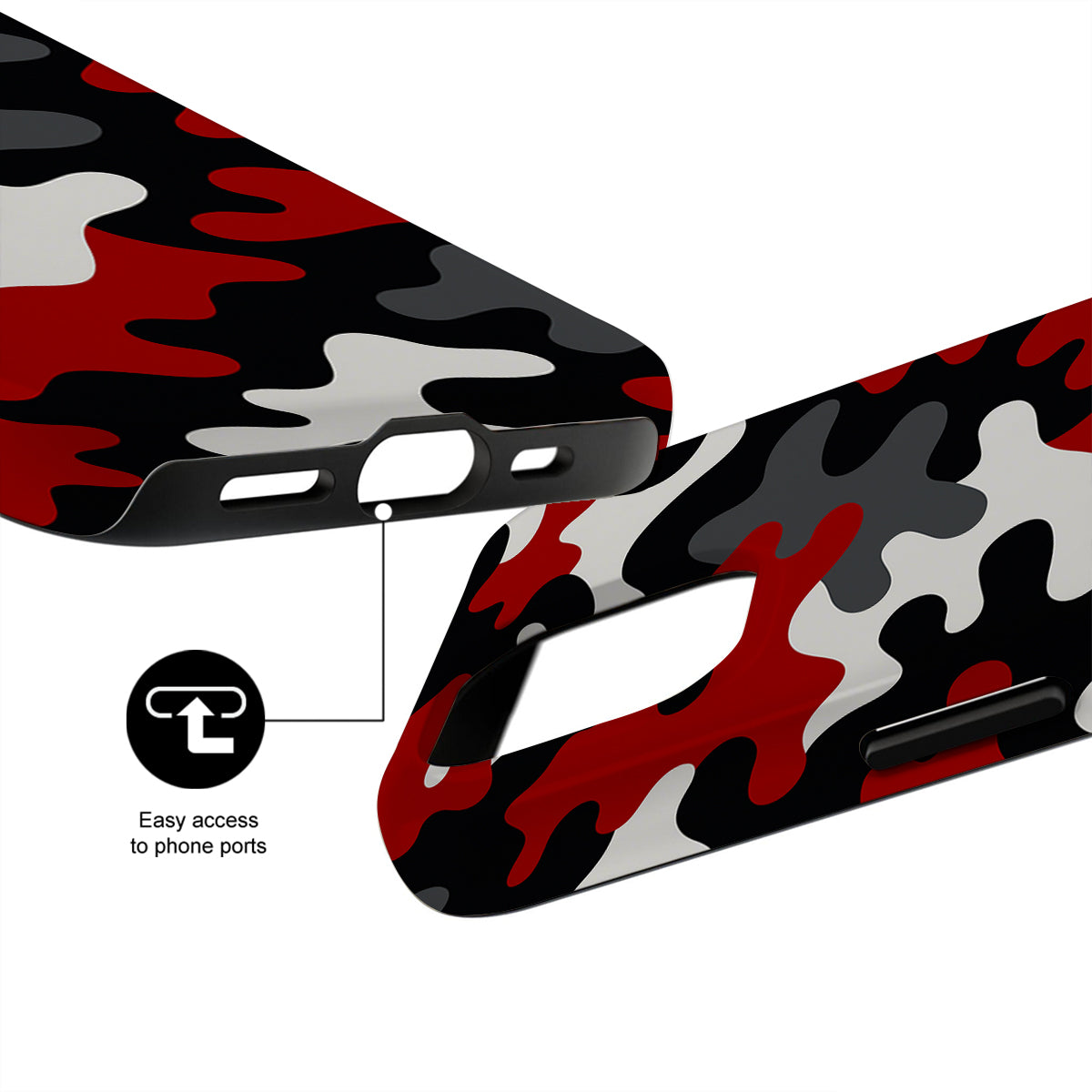Camouflage phone case with easy access to phone ports feature on a white background