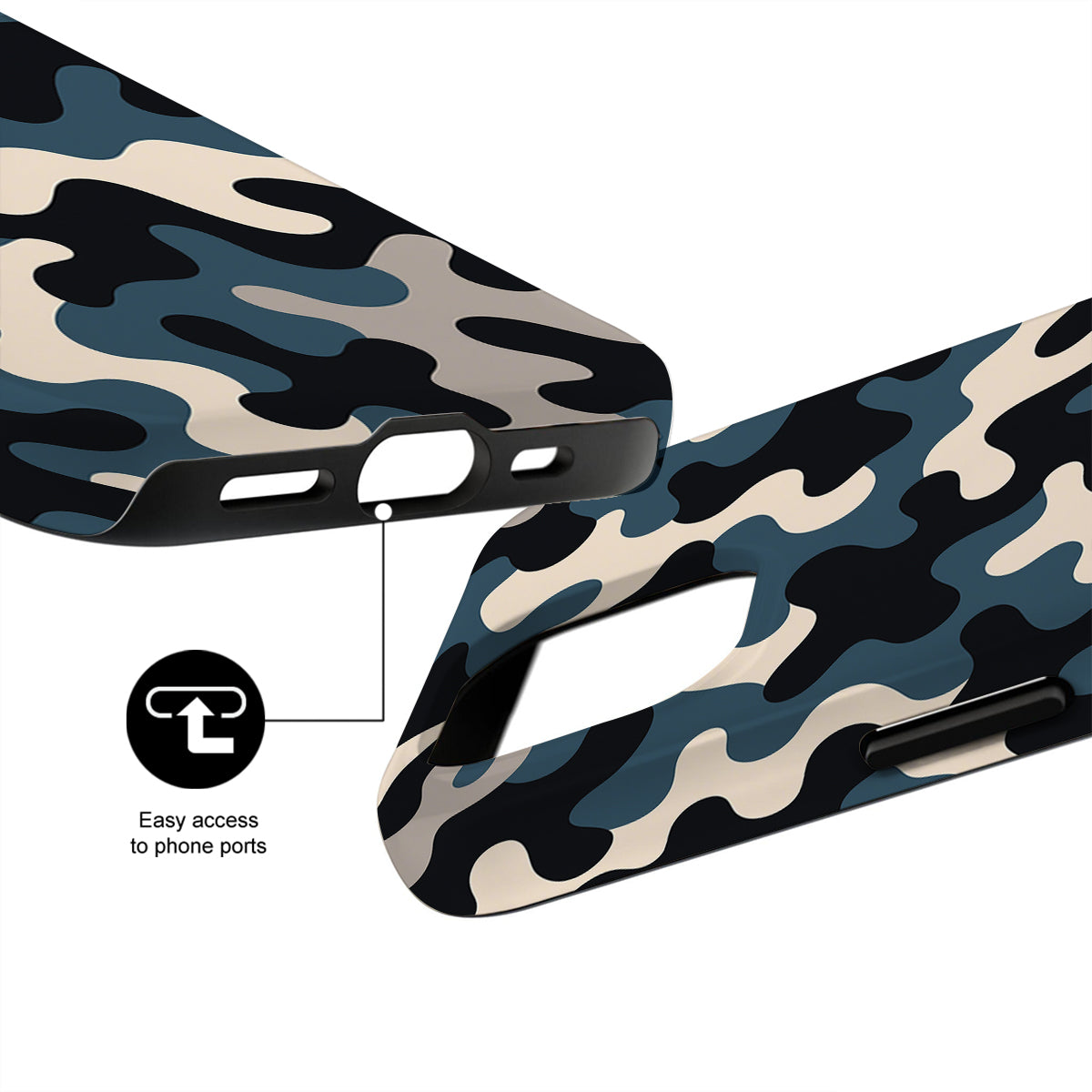 Camouflage phone case with easy access to phone ports feature on a white background
