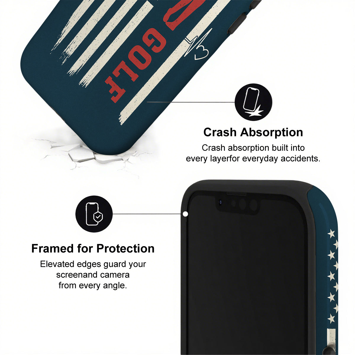 Phone case with text highlighting crash absorption and framed protection features.