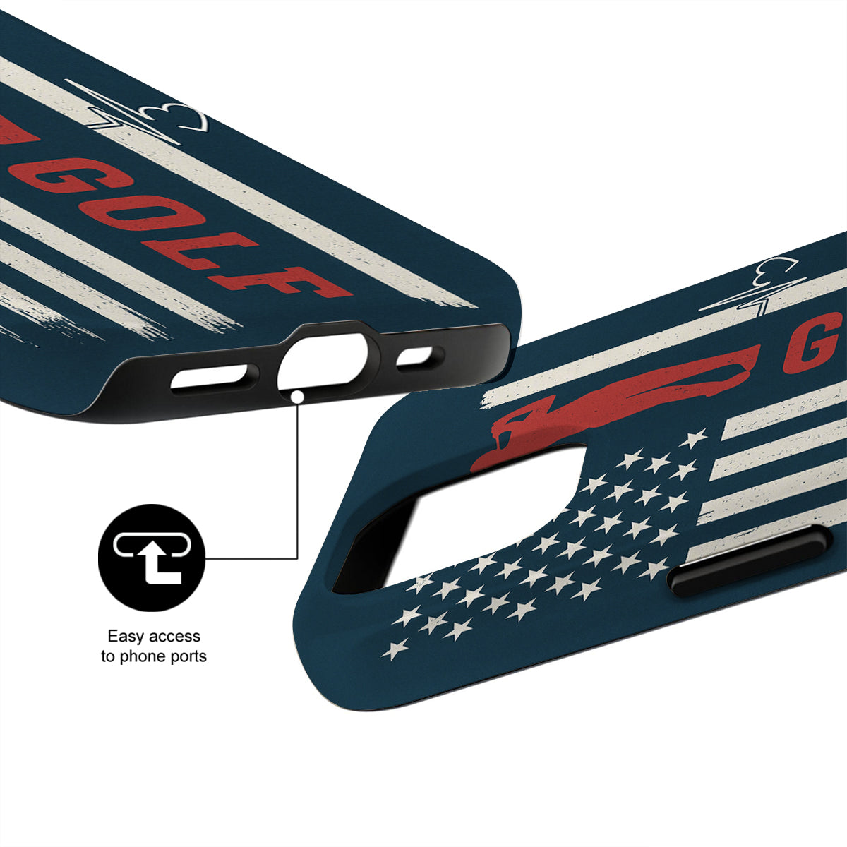 Phone case with 'GOLF' branding and American flag design on a white background