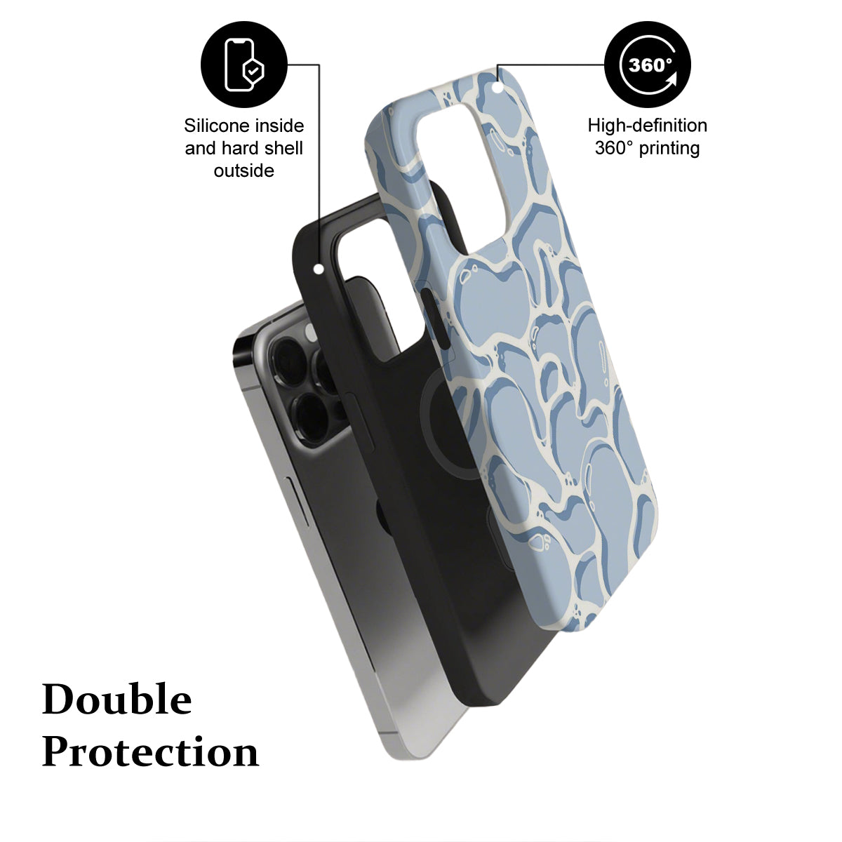 Phone case with black and blue patterned design, featuring text on double protection and printing quality.