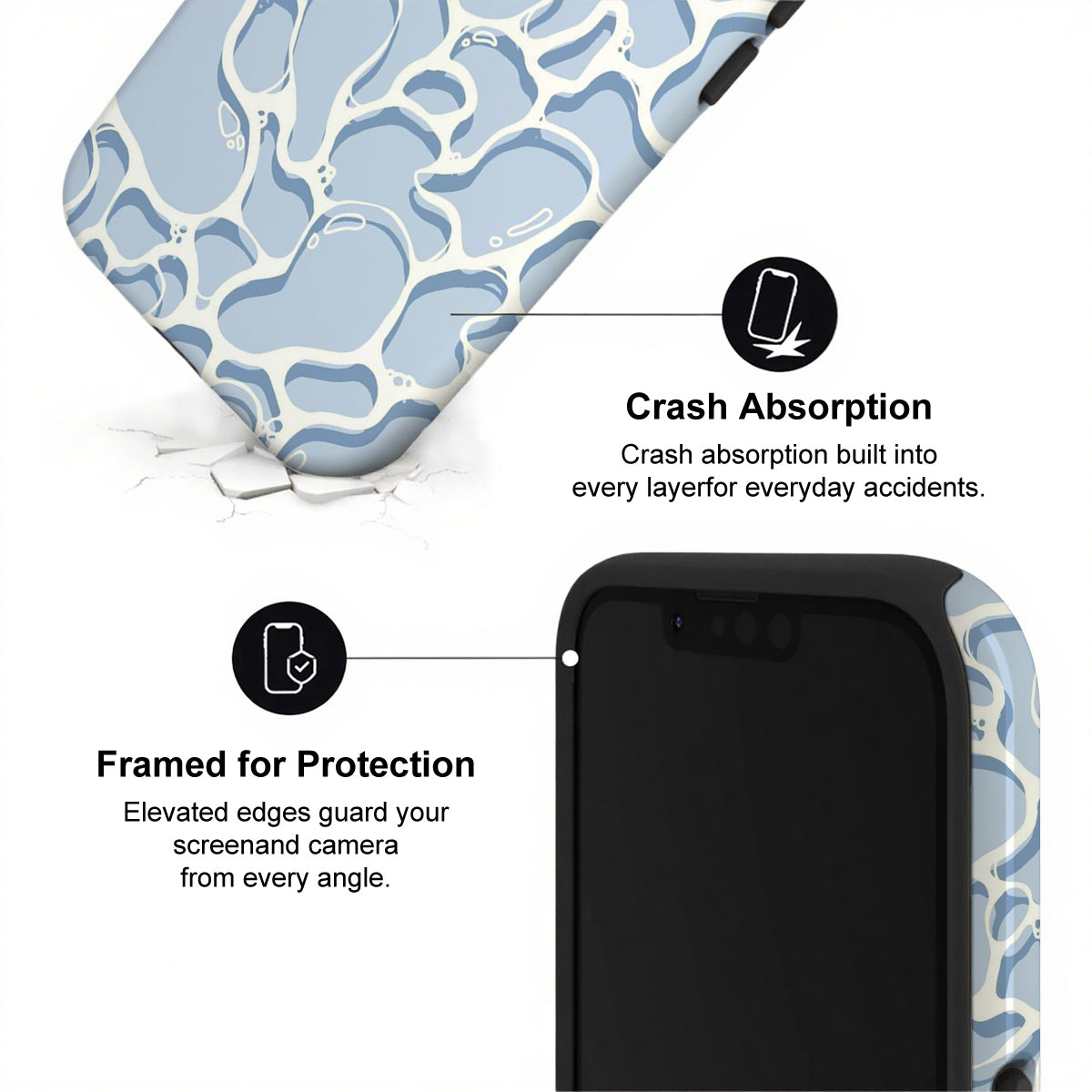 Phone case with blue and white abstract design and text highlighting crash absorption and protection.