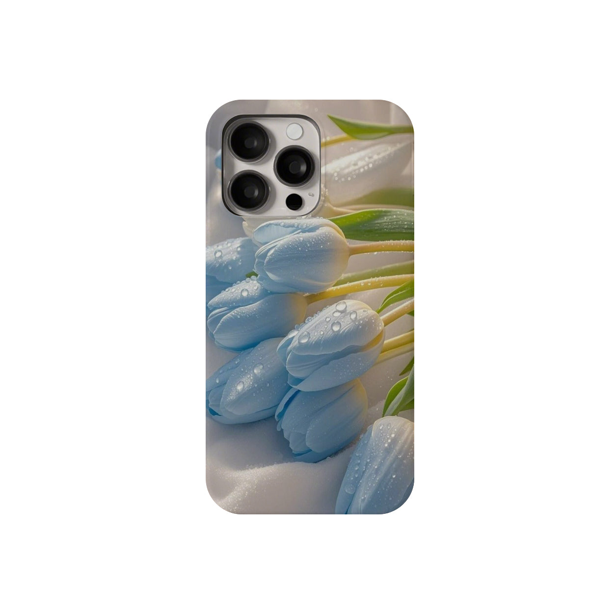 Phone case with blue tulips design on a white background
