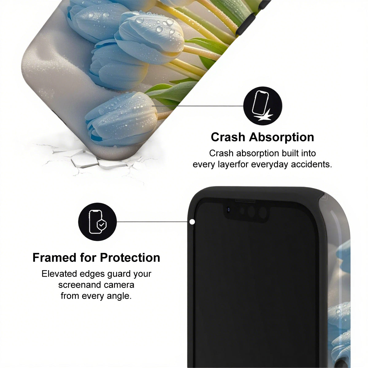 Phone case with crash absorption and framed protection features on a white background