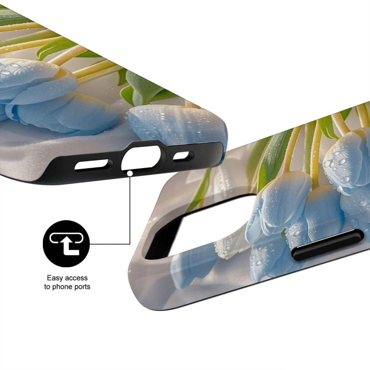 Phone case with floral design and ports accessibility feature