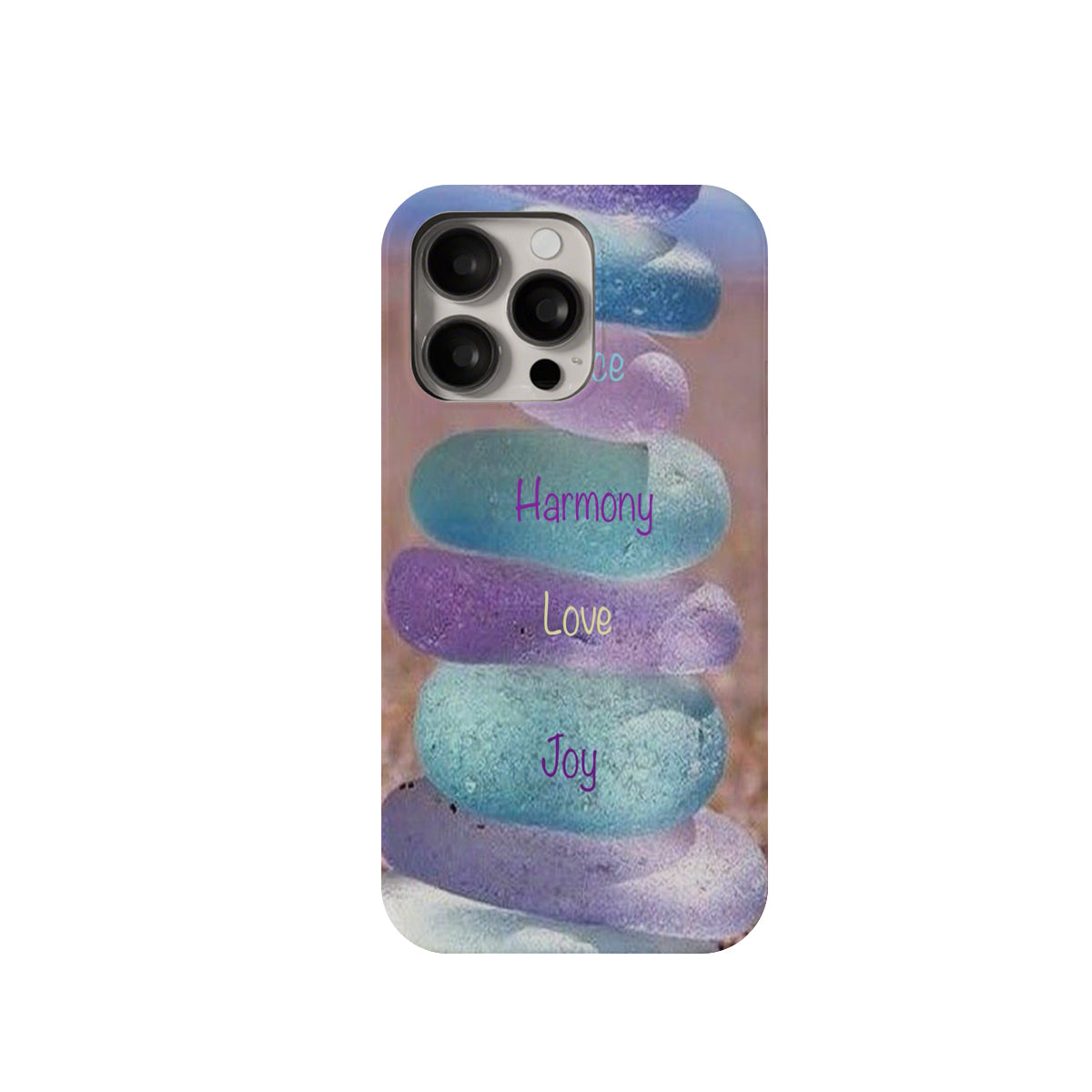 Phone case with stones design and text 'Harmony', 'Love', 'Joy' on a white background