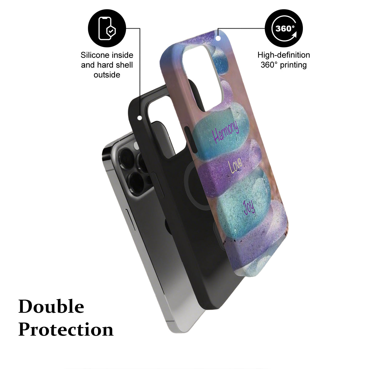 Phone case with text 'Silicone inside and hard shell outside' and '360° High-definition printing' on a white background.