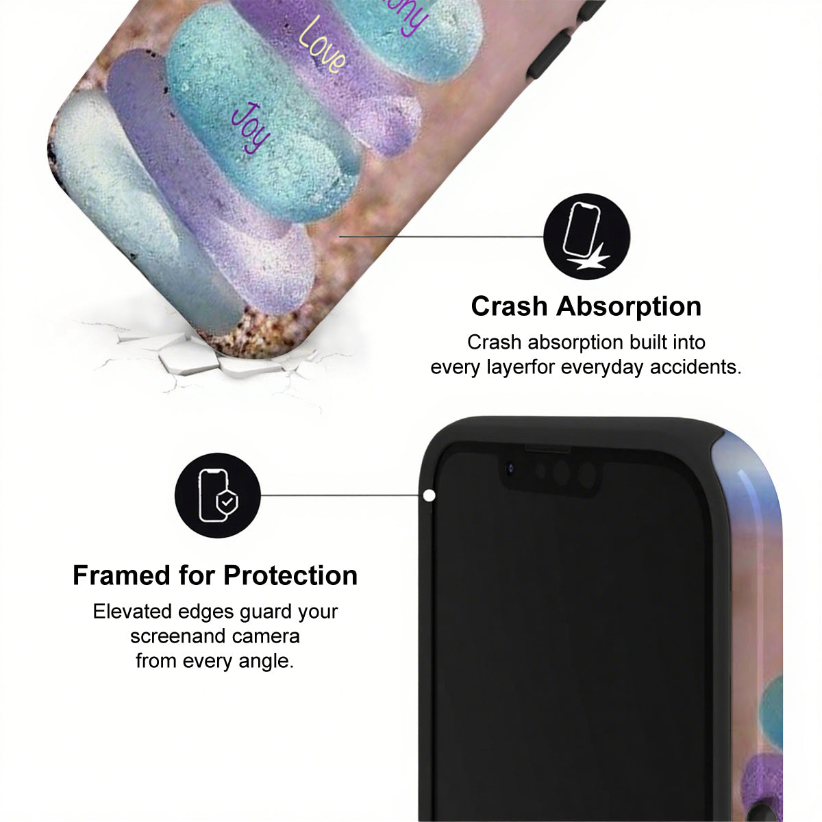 Phone case with text 'Love', 'Joy', and 'Peace' on a colorful background, featuring crash absorption and protection features.