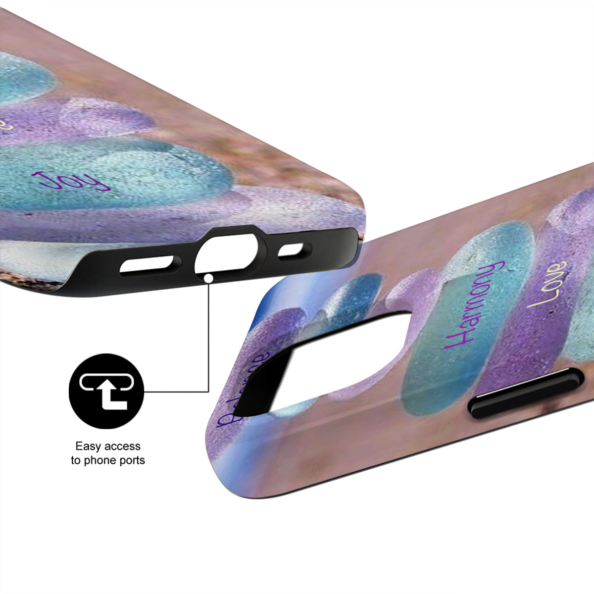 Phone case with abstract design and text, showing ease of access to phone ports.